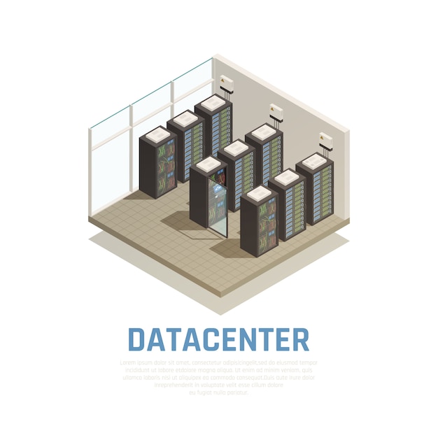Composición del centro de datos con almacenamiento de información y símbolos de base de datos isométricos
