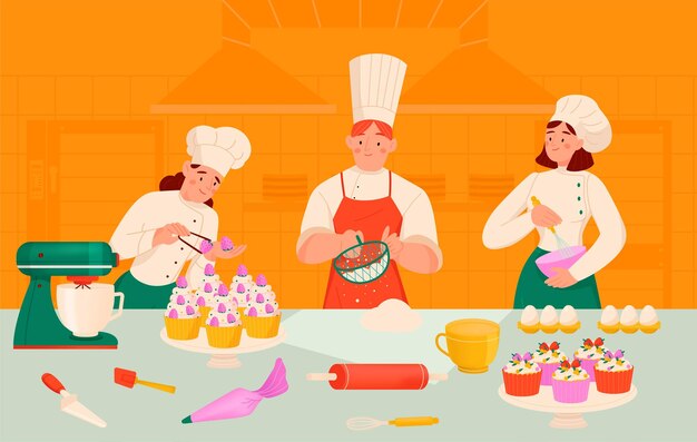 Composición del chef pastelero con un equipo de personajes de cocina de estilo de dibujos animados que hacen pastelitos de harina y masa ilustración vectorial