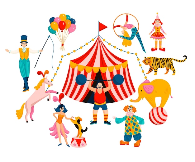 Composición de circo coloreada con grandes animales de carpa de circo y entrenadores artistas de circo y magos ilustración vectorial