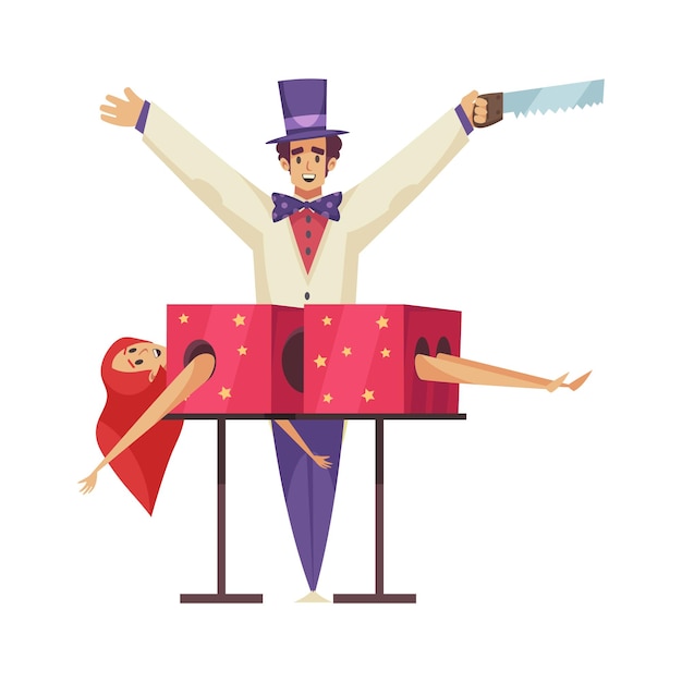 Composición de circo con personaje masculino aislado de mago con ilustración vectorial asistente femenina