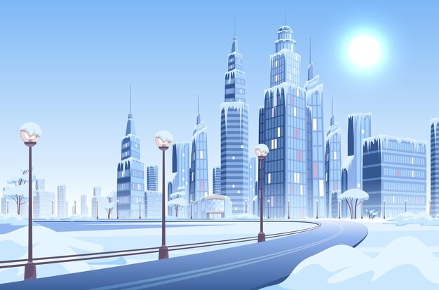Composición de la ciudad moderna de nieve de hielo con vista al paisaje urbano del día de invierno en el área urbana con ilustraciones de vectores de edificios