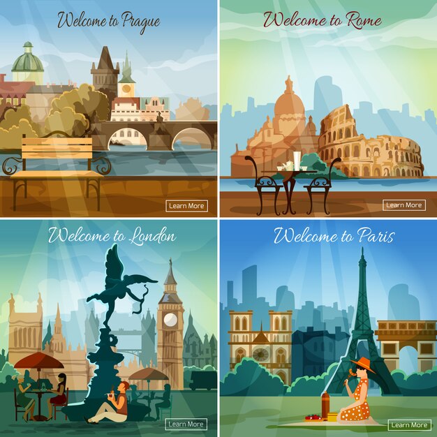 La composición de las ciudades turísticas 4 iconos planos