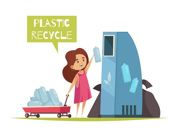 Composición de clasificación de residuos ecológicos con la imagen de una niña tirando botellas de plástico en una ilustración de vector de contenedor separado