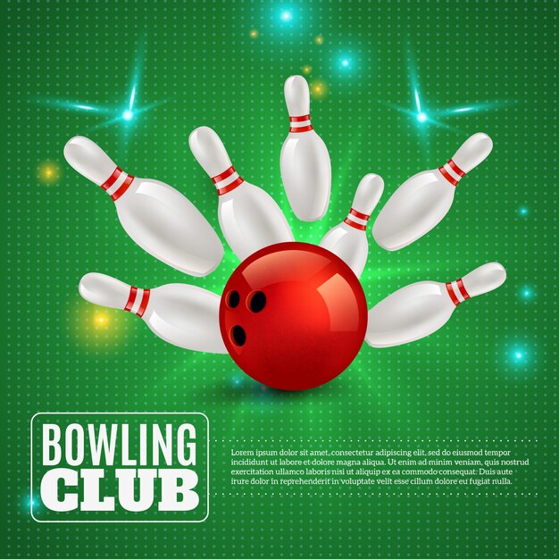 Composición de club de bolos 3d golpeando la bola en pasadores en verde con destellos y chispas ilustración