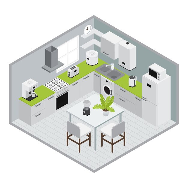 Composición de cocina isométrica de electrodomésticos en diseño 3d con paredes y piso