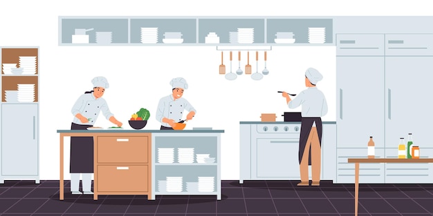 Composición de cocineros con vista interior de la cocina moderna del restaurante y personajes de cocineros profesionales que preparan comidas ilustración vectorial