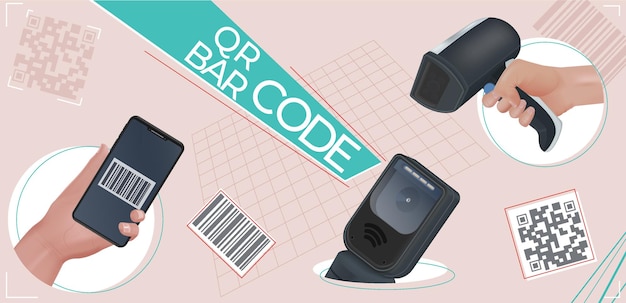 Composición de códigos de escaneo con collage de manos humanas realistas que sostienen iconos de escáneres con ilustración vectorial de código de barras y qr