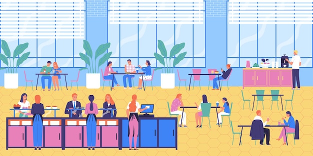 Composición de la cola de la cantina con mesas de patio de comidas con paisajes interiores con visitantes haciendo fila en la ilustración del mostrador