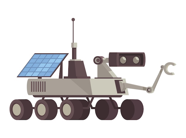 Composición de colonización de Marte con imagen de rover con ruedas con antena manipuladora e ilustración de vector de batería solar