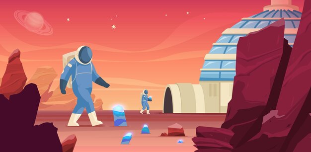 Composición de colonización de Marte con paisaje de superficie planetaria cielo naranja y astronautas caminando hacia edificios de base extraterrestre ilustración vectorial