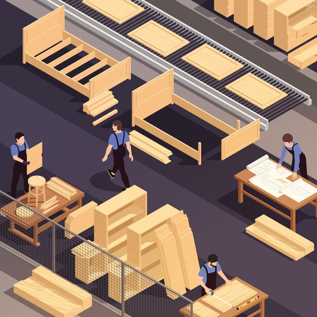 Composición de color isométrica de producción de muebles con producción de camas de madera y piezas de madera para ellos ilustración