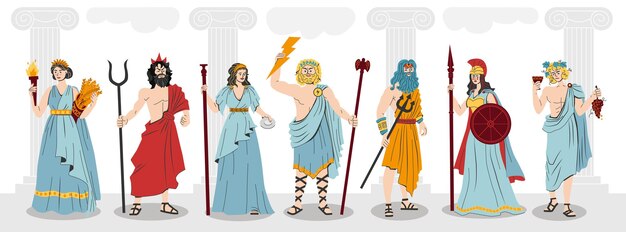 Composición de color plano de los dioses del Olimpo con personajes de la mitología griega en el fondo de la ilustración vectorial de columnas antiguas