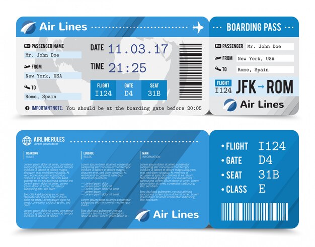Composición en color de la tarjeta de embarque realista con información sobre el pasajero en la parte delantera y trasera.