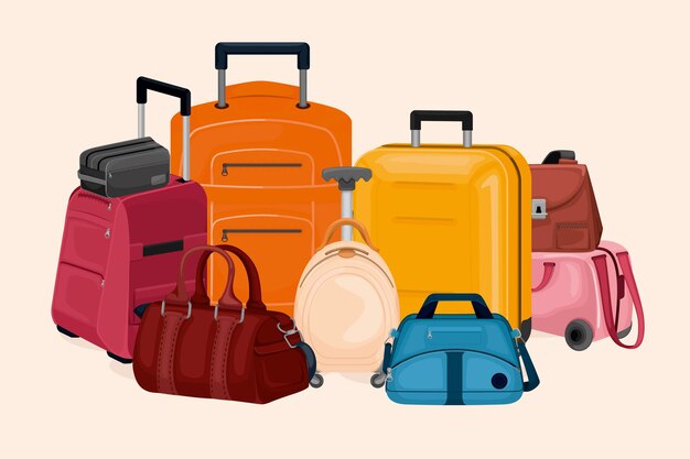 Composición coloreada del equipaje con maletas de plástico con ruedas, bolsas de viaje e ilustración plana de embrague