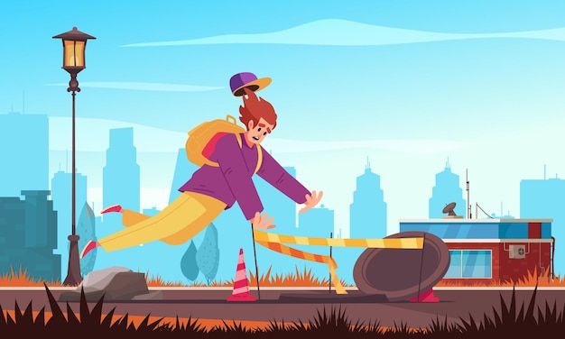 Composición coloreada de la gente que cae, el tipo tropezó con la roca y cayó en una alcantarilla abierta en la ilustración del vector de la carretera