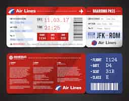 Vector gratuito composición coloreada y realista del diseño de la tarjeta de embarque con el nombre de la hora aérea y el nombre en el boleto