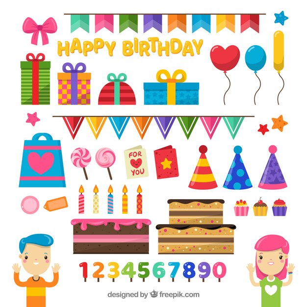 Vector gratuito composición colorida de cumpleaños con estilo adorable
