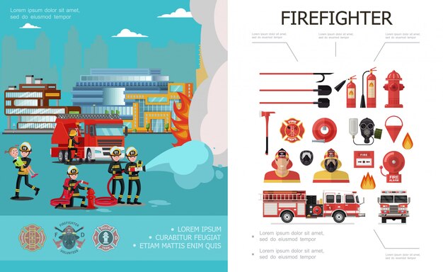 Composición colorida de extinción de incendios plana con brigada de rescate extinción bomberos bomberos alarma campana hacha camión de bomberos extintores de mangueras hidrantes máscara de gas palas