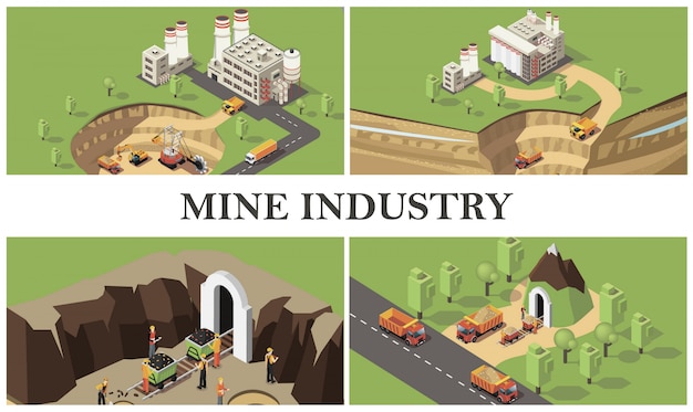 Composición colorida de la industria minera isométrica con fábricas máquinas industriales cavando canteras y transportando recursos mineros extrayendo piedras preciosas