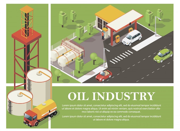 Vector gratuito composición colorida de la industria petrolera con cisternas de gasolineras de camiones de petróleo y grúas en estilo isométrico