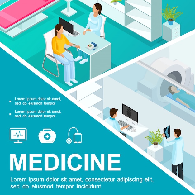 Vector gratuito composición colorida isométrica para el cuidado de la salud con consulta médica y exploración por resonancia magnética