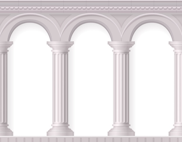 Composición de columnas blancas antiguas griegas y realistas con arcos antiguos blancos