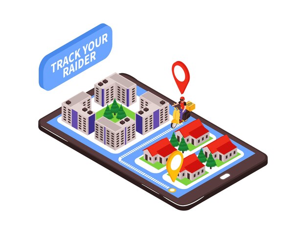 Composición de comida de entrega isométrica con aplicación de seguimiento de pedidos de teléfonos inteligentes y mapa de la ciudad con ubicación en tiempo real del servicio de mensajería