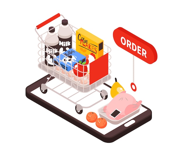 Composición de comida de entrega isométrica con imagen de teléfono inteligente con carrito que recolecta productos comestibles