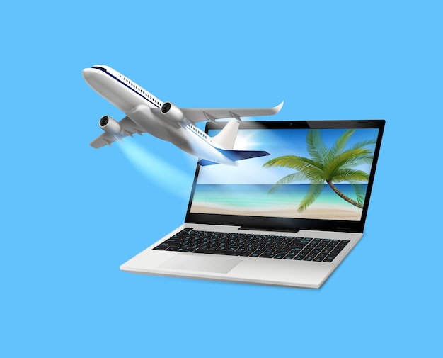 Composición de computadora portátil de avión volador con imagen realista de jet volando de la pantalla de la computadora con ilustración de vector de paisaje tropical