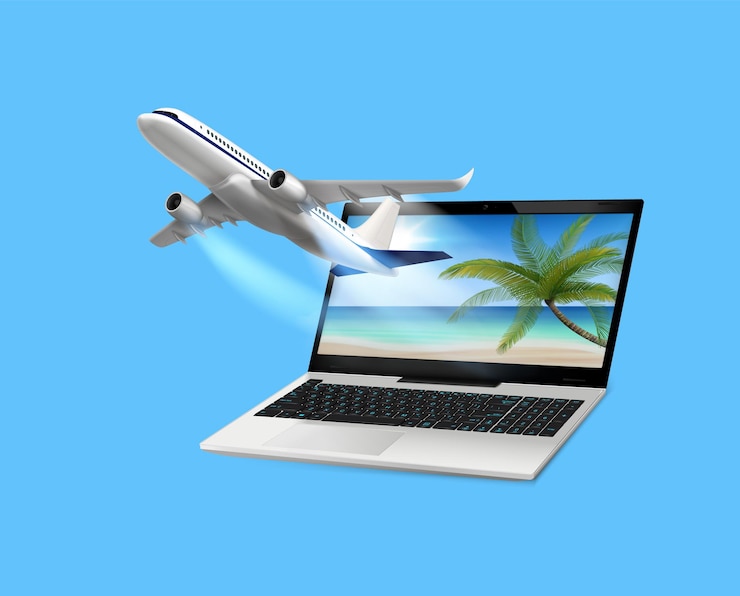 Vector gratuito composición de computadora portátil de avión volador con imagen realista de jet volando de la pantalla de la computadora con ilustración de vector de paisaje tropical