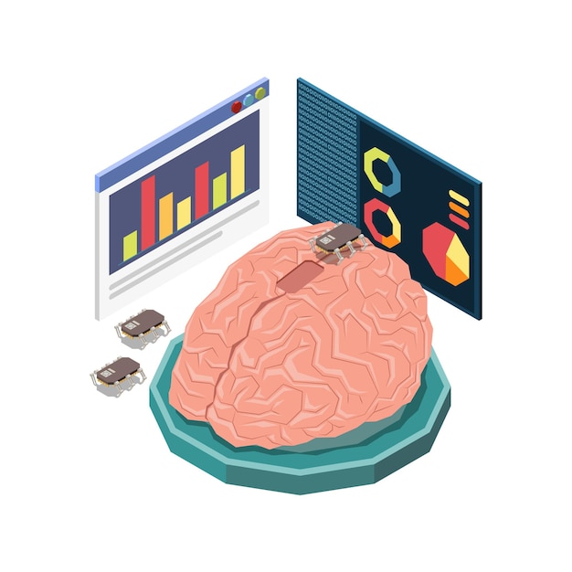 Vector gratuito composición del concepto isométrico de la educación del tallo con la imagen del cerebro humano con la ilustración de pantallas infográficas