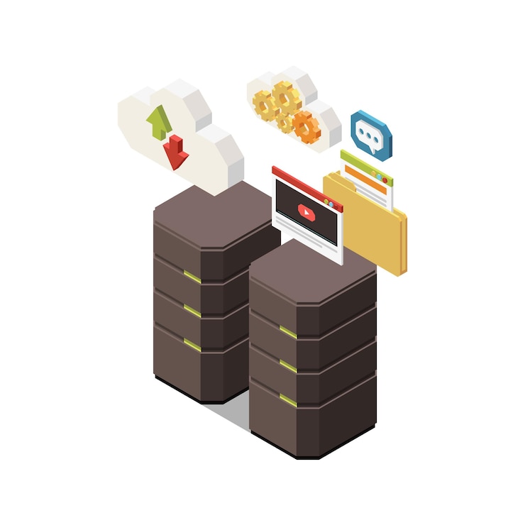 Vector gratuito composición del concepto isométrico de educación de vástago con imágenes de racks de servidores con ilustración de nube y engranajes