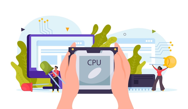 Vector gratuito composición de concepto plano de microchip con manos humanas que sostienen la unidad central del procesador en el fondo con componentes electrónicos e ilustración vectorial de personas