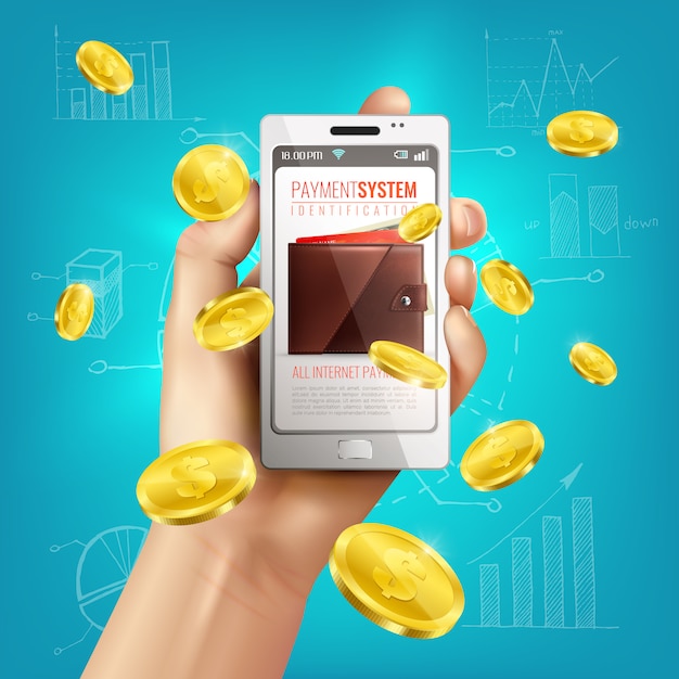 Composición conceptual de billetera realista con teléfono inteligente en mano humana y monedas de oro con bocetos financieros