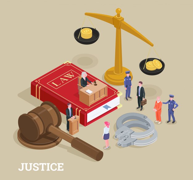 Composición conceptual isométrica de justicia legal con personajes de personas pequeñas y grandes iconos proceso de ilustración de símbolos de ley