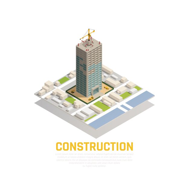 Composición de construcción de icono isométrico coloreado con construcción de torre en el centro de la ciudad ilustración vectorial