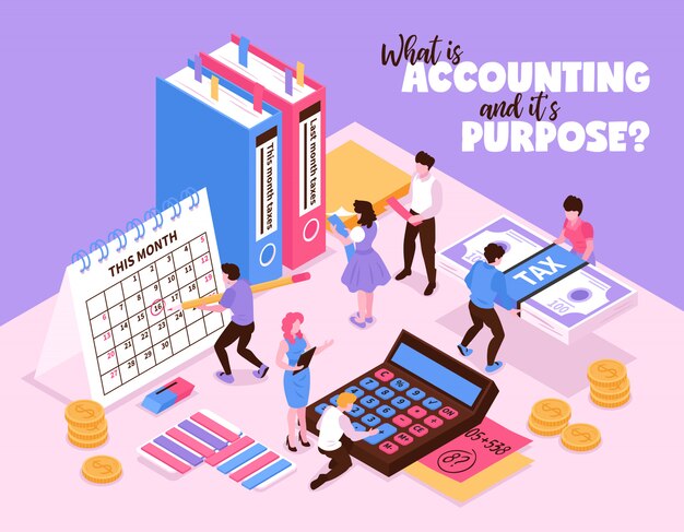 Composición de contabilidad isométrica con pequeños personajes humanos y elementos organizadores de calculadora de calendario de espacio de trabajo y libros ilustración vectorial