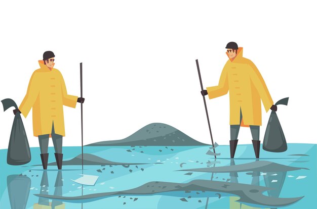 Composición de la contaminación del agua natural con vistas al río poco profundo con recolectores que recolectan ilustraciones de vectores de basura