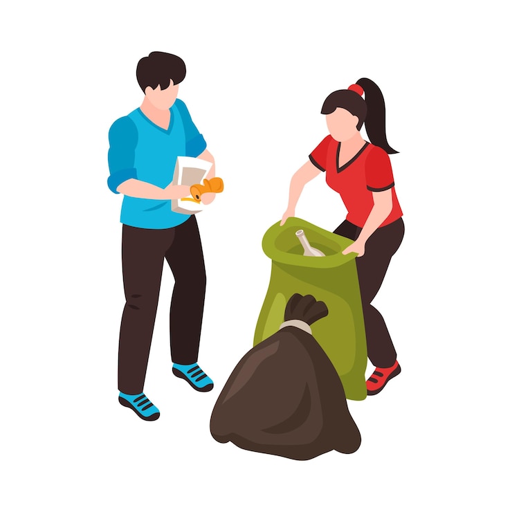 Vector gratuito composición de contaminación del océano de agua isométrica con personajes de hombre y mujer recolectando desechos en sacos ilustración vectorial