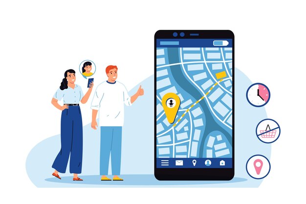 Composición de control parental con personajes estilo garabato de padres con aplicación de ubicación de teléfono inteligente y pictogramas redondos ilustración vectorial
