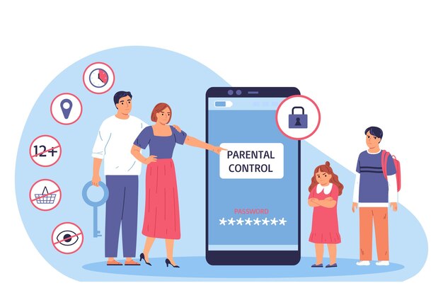 Composición de control parental con personajes estilo garabato de padres con llave de bloqueo e ilustración vectorial de niños adolescentes infelices
