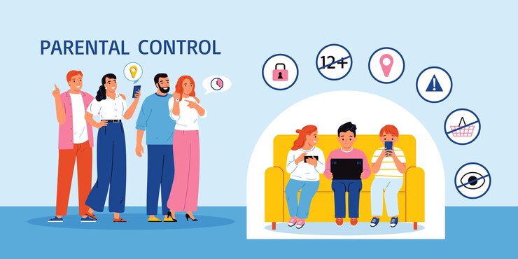 Vector gratuito composición de control parental con texto editable y personajes de padres con gadgets para niños adolescentes e iconos ilustración vectorial