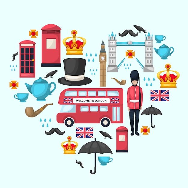 Composición del corazón de Londres con conjunto de iconos aislados de colores combinados en forma de corazón