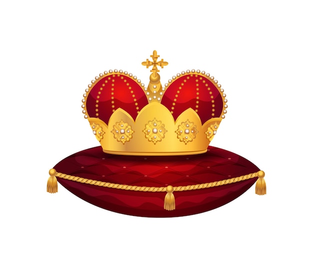 Composición de la corona de oro real con imagen aislada de corona sobre almohada de terciopelo rojo