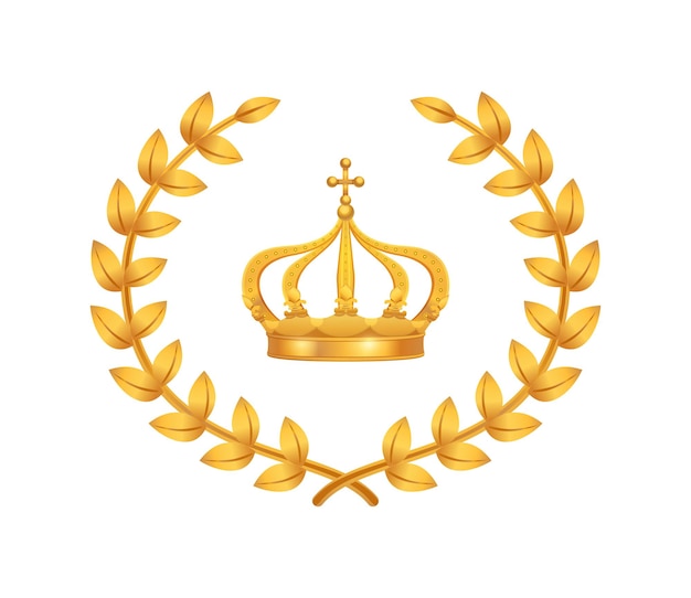 Composición de corona real con imagen plana de corona rodeada de coronas de laurel dorado
