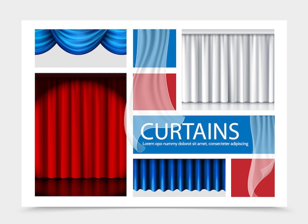 Composición de cortinas realista con hermosas cortinas rojas blancas azules de diferente textura ilustración