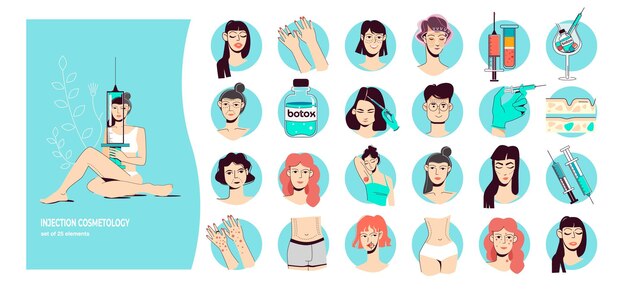 Composición de cosmetología de inyección con artículos médicos para el cuidado de la piel y herramientas ilustración vectorial plana
