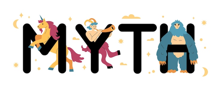 Vector gratuito composición de criaturas míticas de texto plano rodeado de iconos de luna y estrellas y personajes de cuento de hadas ilustración vectorial