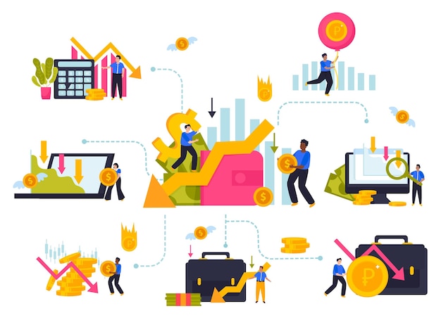 Composición de crisis económica en estilo plano con diagramas financieros personajes tristes y símbolos de dinero ilustración vectorial