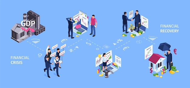 Vector gratuito composición de crisis empresarial isométrica con diagrama de flujo de iconos de recuperación financiera con símbolos de moneda y personajes humanos ilustración vectorial